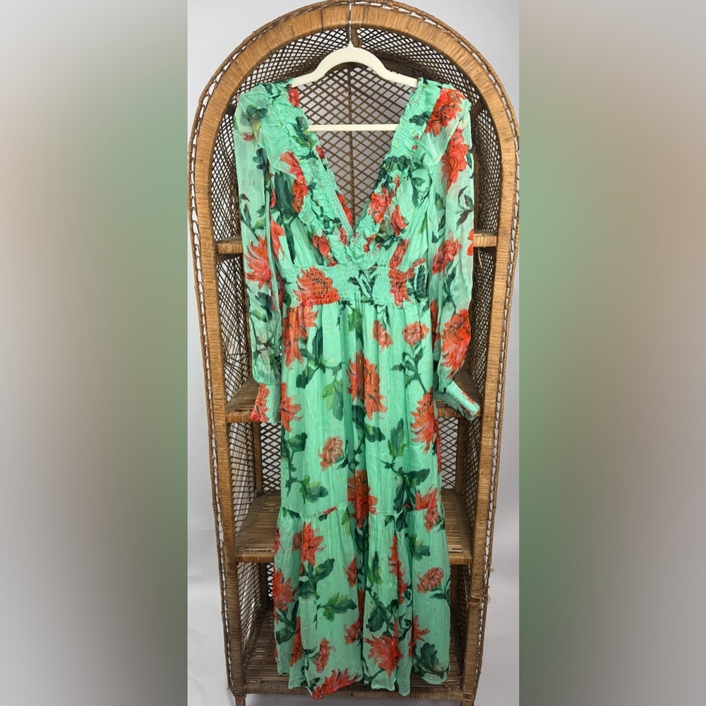 Anthropologie Odetta Ruffled V-Neck Maxi Dress S Green Floral Boho - Picture 5 of 8